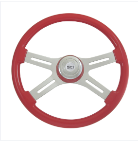 Viper Red 18" Painted Wood Rim, Chrome 4-Spoke w/ Slot Cut Outs, Chrome Bezel, Chrome Horn Button - Logo