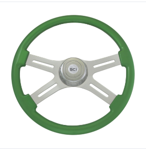 Classic Green- 18" Painted Wood Rim, Chrome 4-Spoke w/ Slot Cut Outs, Chrome Bezel, Chrome Horn Button - Logo